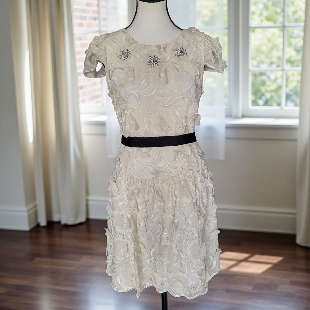 BCBG Maxazria Emmie Size 4 Silk Ivory Beaded Lacey Short Sleeve Cocktail Dress